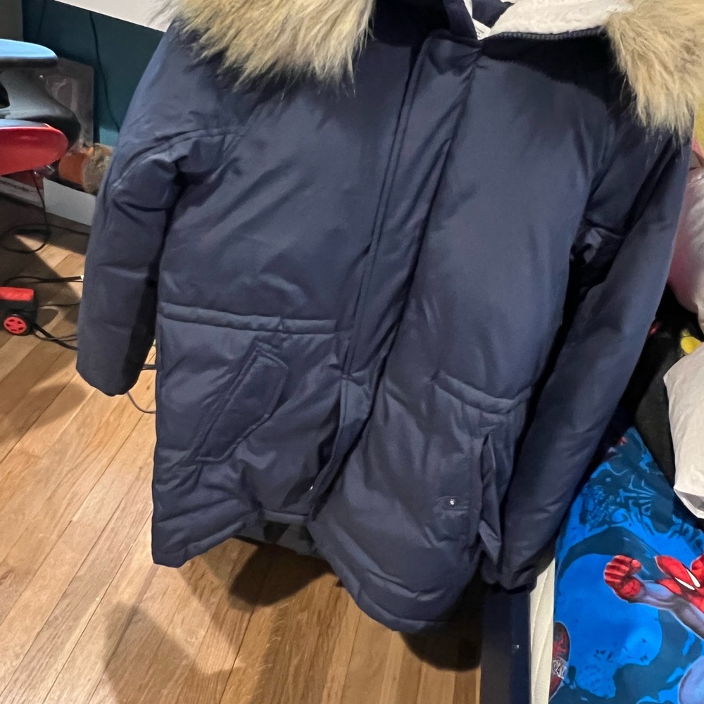 Crewcuts Blue and Tan Puffer Jacket with Fur-Trimmed Hood